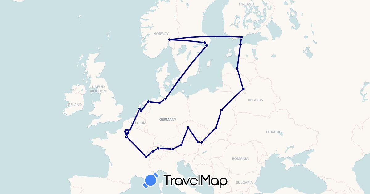 TravelMap itinerary: driving in Austria, Switzerland, Czech Republic, Germany, Denmark, Estonia, Finland, France, Lithuania, Latvia, Netherlands, Norway, Poland, Sweden, Slovakia (Europe)